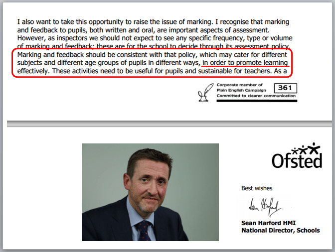 Letter from Sean Harford clarifying Ofsted's Expectations on Marking & Feedback