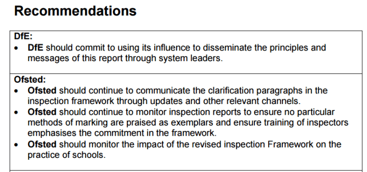 Recommendations from Marking Group